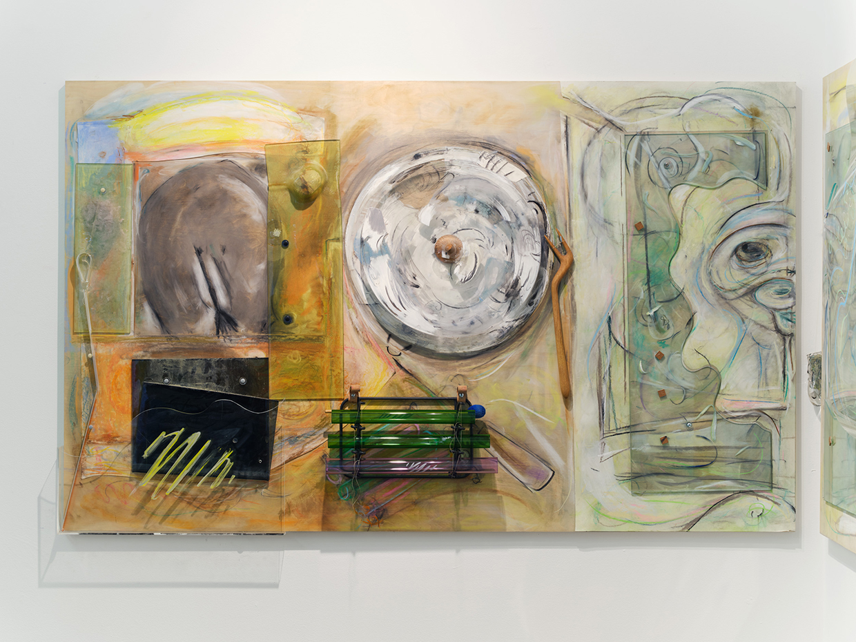 Anima Reflections (Diptych I)
,2024
;chalk on wood and paper, paint on plastic, glass, melted mirror, and borosilicate, metal, string, cork, acorns, mallet, assemblage; 48x78x6 inches.With help from  Paradise Framing, LA, Charles Mathis and 2nd Best Studios, LA.
  Photography by Brica Wilcox.