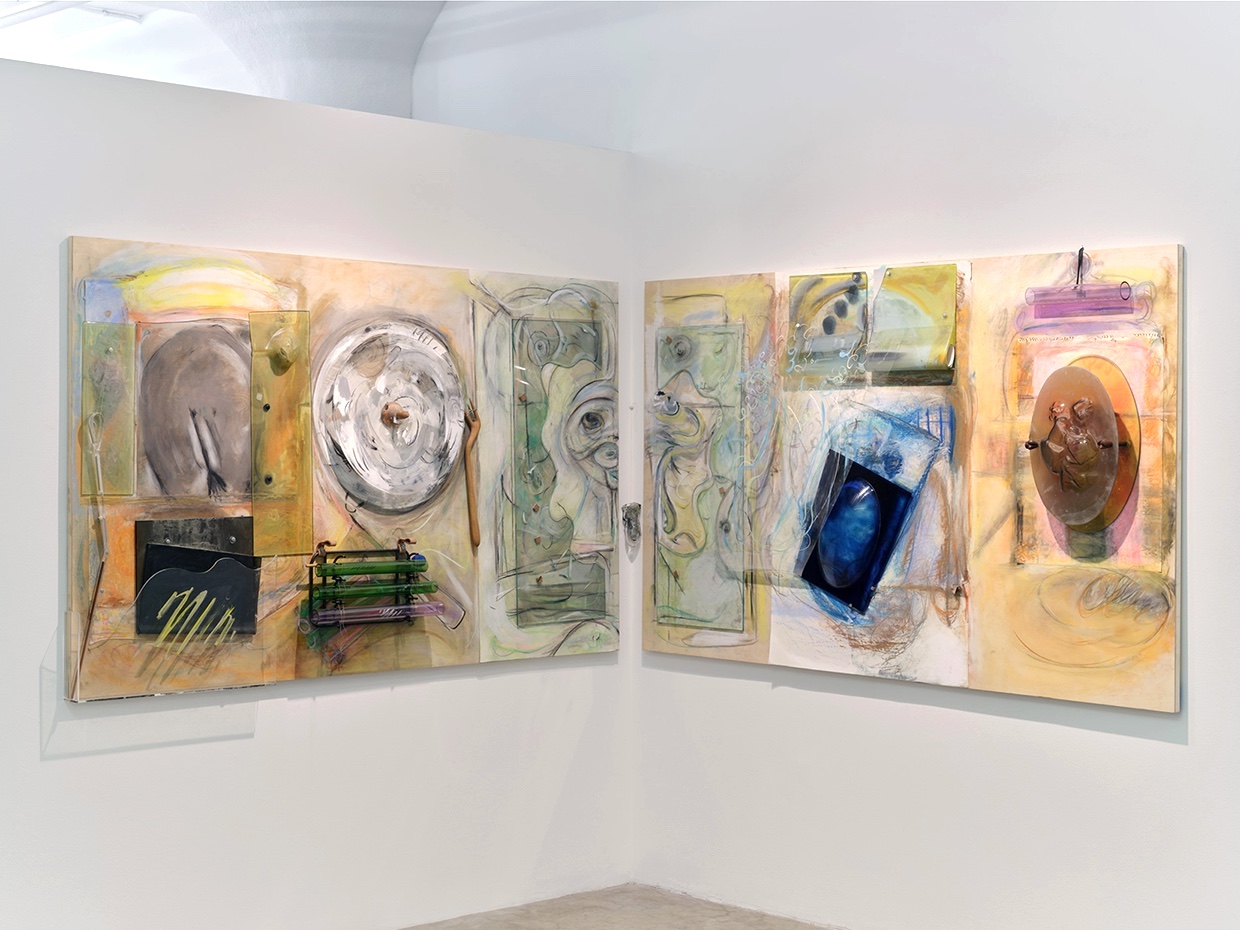 
Anima Reflections
,2024
;chalk on wood and paper, paint on plastic, glass, melted and manipulated mirror, and borosilicate, metal, string, cork, acorns, mallet, assemblage; 48x150x7 inches. With help from  Paradise Framing, LA, Charles Mathis and 2nd Best Studios, LA.
  Photography by Brica Wilcox


