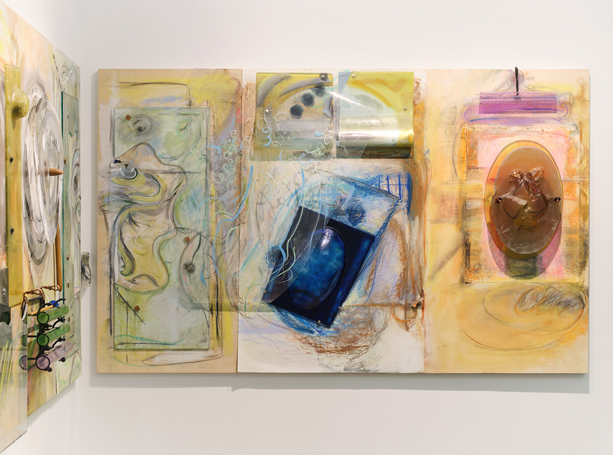 Anima Reflections (Diptych II)
,2024
;chalk on wood and paper, paint on plastic, glass, melted and manipulated mirror and glass, borosilicate, metal, string, oil, assemblage; 48x7x7 inches. With help from  Paradise Framing, LA, Charles Mathis and 2nd Best Studios, LA.
  Photography by Brica Wilcox.