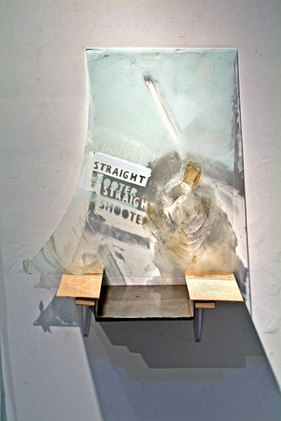 Straight Shooter, 2008 glass, paint, wood, metal, 24"x24", Mandarin gallery