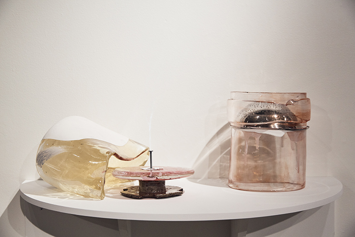 Hand Pavilion for Christopher Wilmarth and Hand Pavilion for Roni Horn, 2019, glass and mixed media, approximately 12" each, from "Drawing Out Time", UrbanGlass, Brooklyn, NY (curated by Alexis Wilkinson). Photography by Blaine Davis Studio.