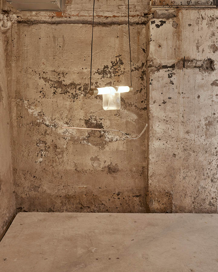 *Go Easy With Me I*, glass, borosilicate, microfilament, metal, gouache and electrical fixture,approx.6'x5'x3", "In Practice: Material Deviance", SculptureCenter, New York, 2017

Photo: Kyle Knodell