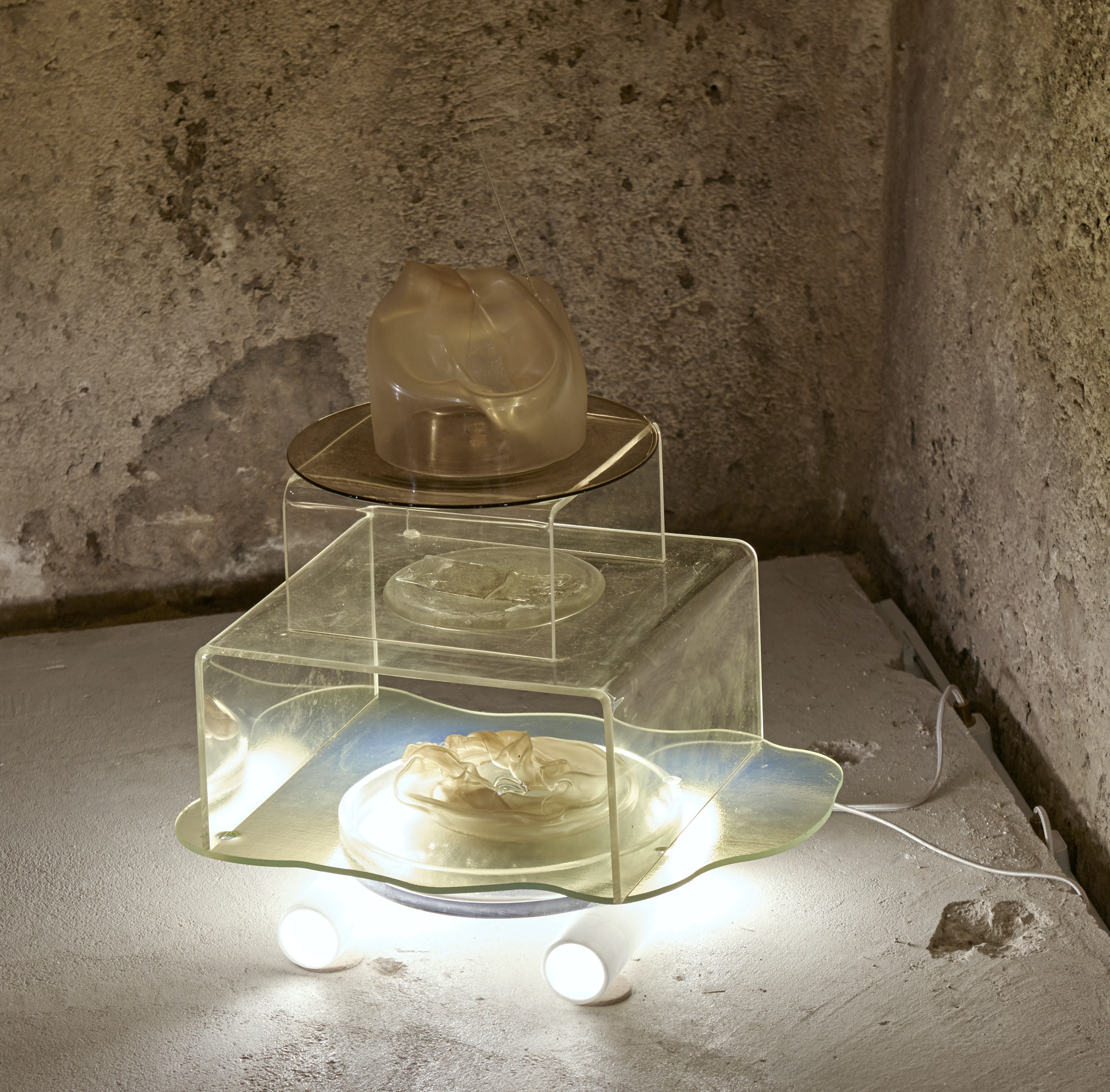 *Go Easy With Me IV*, glass assemblage- slumped mirror, cellphone, computer screens, vases, acrylic and electrical fixture,approx 2',  "In Practice: Material Deviance", SculptureCenter, New York, 2017

Photo: Kyle Knodell