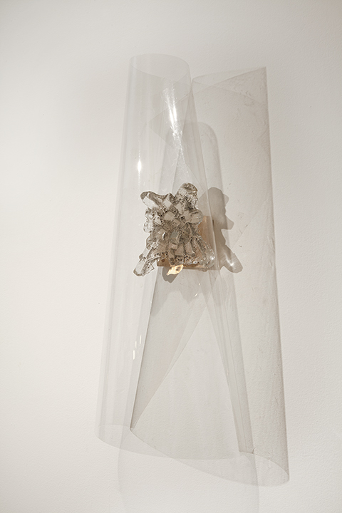 Elizabeth Bishop Piece II, 2017, sandcast glass from Bishop books, plastic, wood, 2'x1'