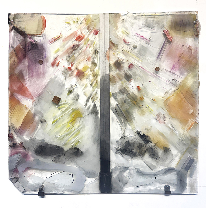 First Glass, 2026; glass, paint, wax, metal, razor, chalk, ink, oil....; 20x20inches