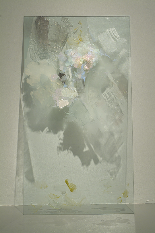 Having Been Hit by a Sledgehammer, 2003,found tempered glass, paint, 24"x15" 
