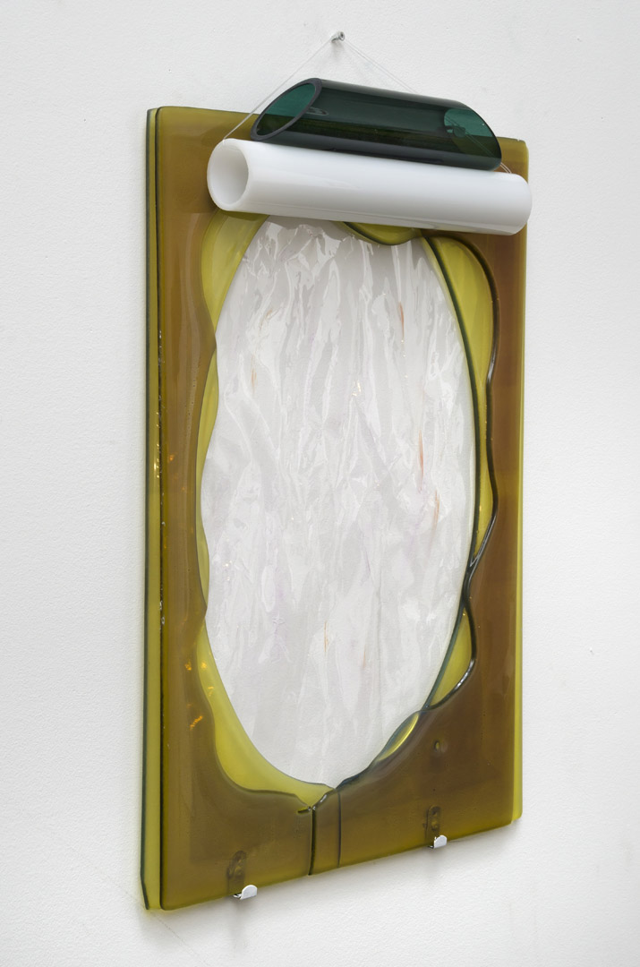 Jawlensky V, 2017, melted mirror, borosilicate, string, paint, plastic, 28"x17"x3"