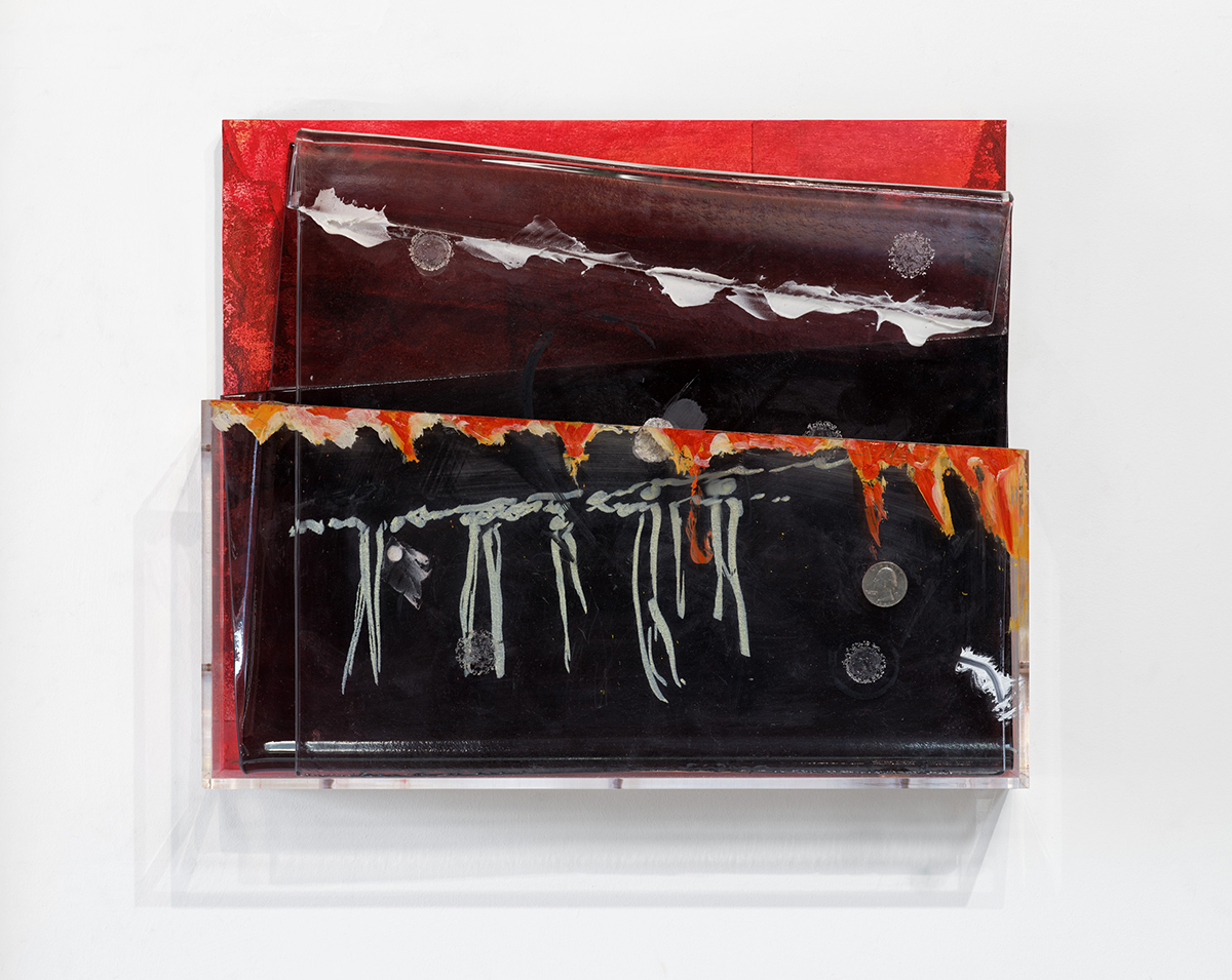 *Opaquely Bright (for Layli Long Soldier)*, 2025; wood, chalk, photo print, slumped glass (Kathy Gray), slumped two way mirror, paint, coins. Thanks to Paradise Framing, Los Angeles. Photography by Brica Wil﻿cox. 14 x 17 x 3".