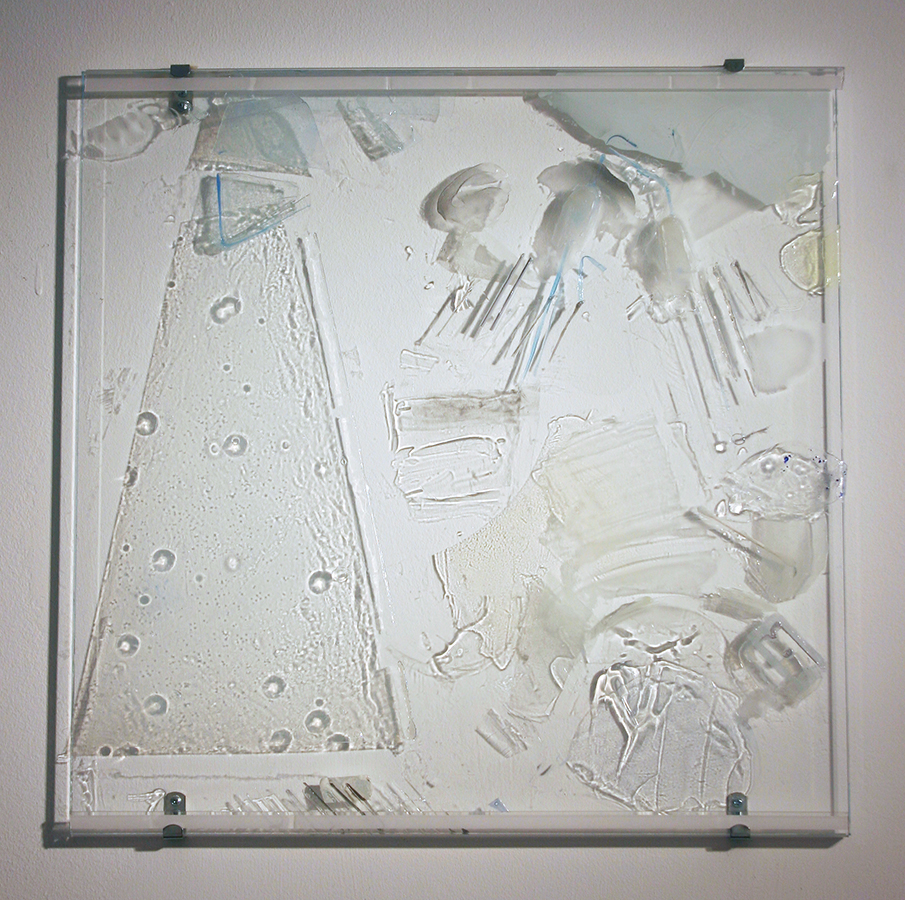 *Neglect,* 2004, paint and razors and qtips on glass, 22x22x1/4 inch