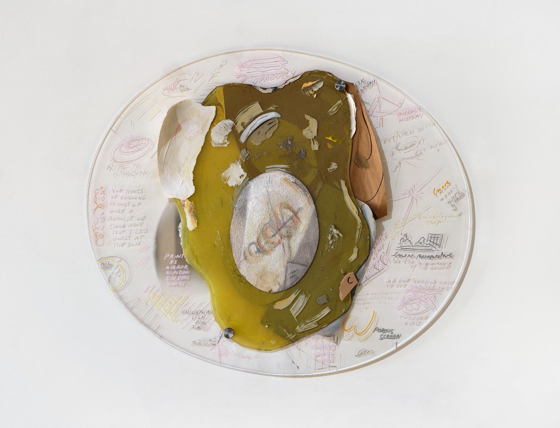 *G﻿lass Canon (Doodle Piece)*, 2025; plastic, mirror, marker, burnt mirror, paint, chalk, pencil, metal; 30x36x4 inches. 

Photograph by Brica Wilcox. Framing thanks to Paradise Framing, LA.
