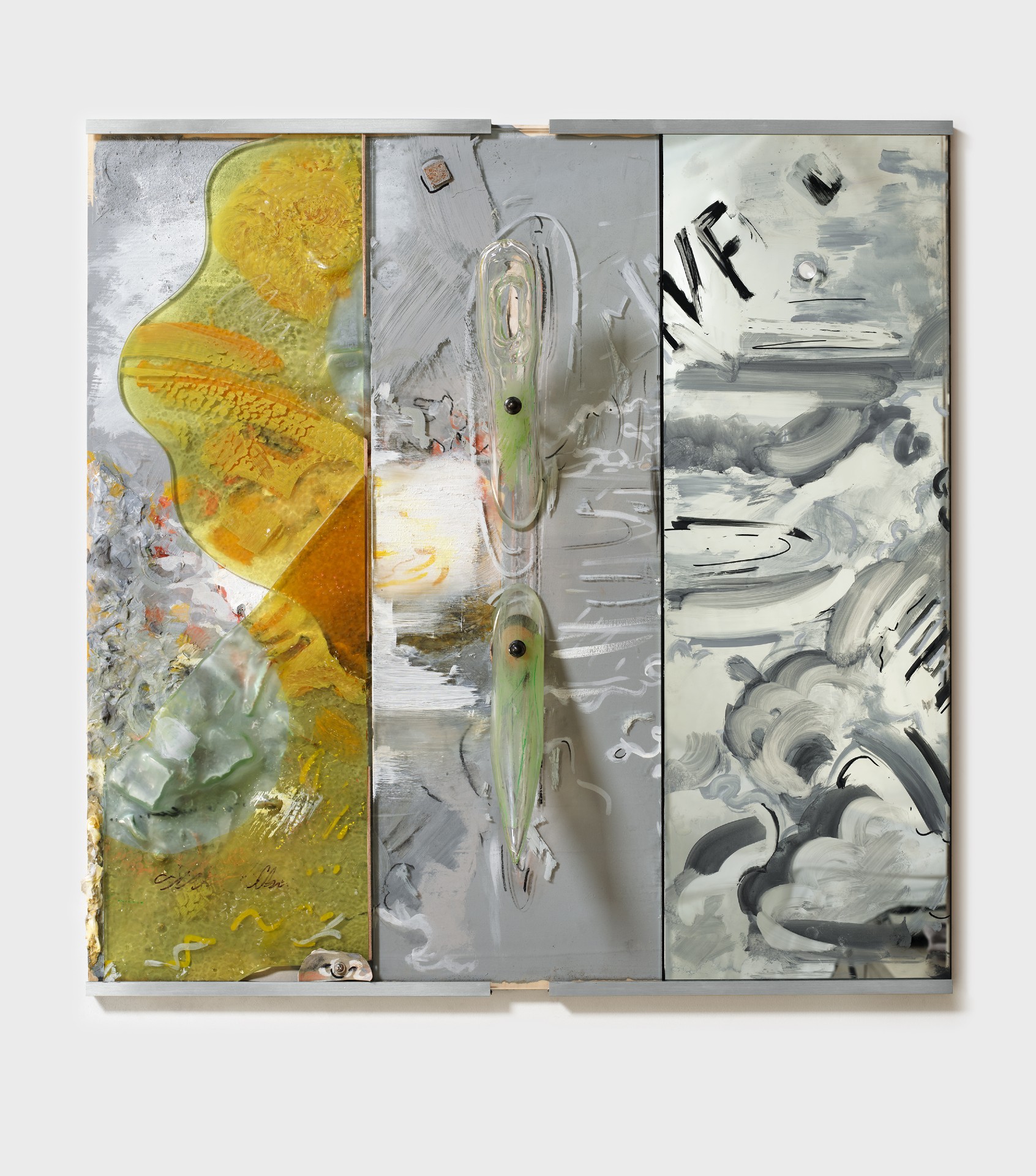 *IVF Piece,* 2025; wood, chalk, paint and marker on wood, paper, burnt slumped and fused mirror, glass and two-way mirror, borosilicate, nails and leather,metal; 30.5x30 x7 inches.

Photography by Brica Wilcox. Glass help thanks to Second Best Studio, LA. Framing thanks to Paradise Framing, LA.