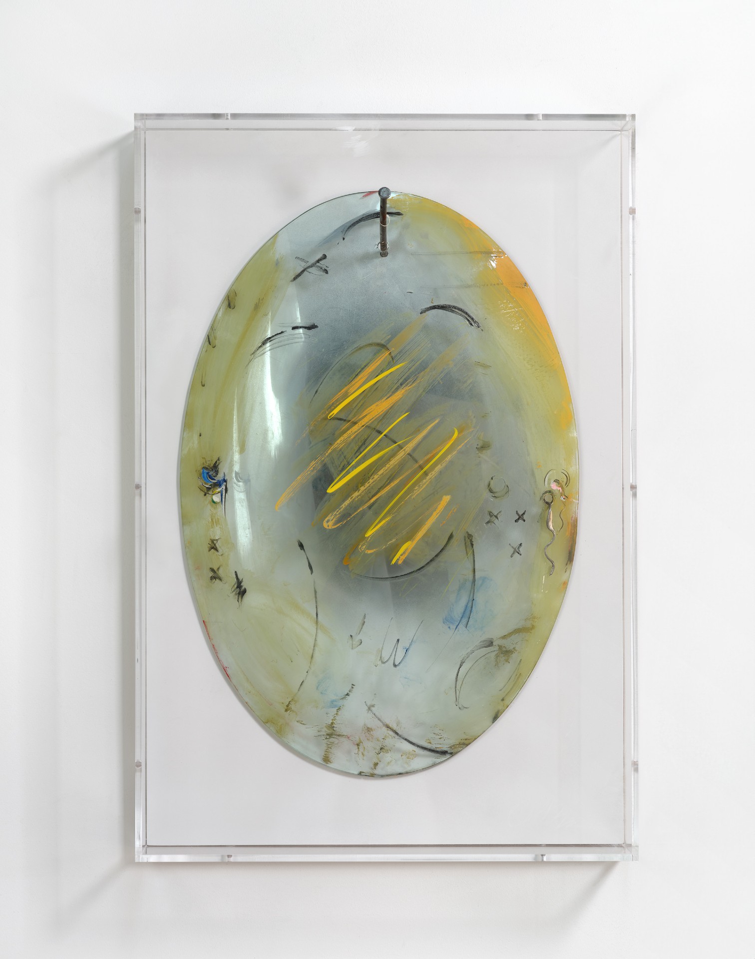*Glint Piece IV ( for Jawlensky)*, 2025; paint, marker, mirror and wire on found glass, plastic frame, nail; 24.5x16.5x7 inches.
Photograph by Brica Wilcox. Framing thanks to Paradise Framing, LA.