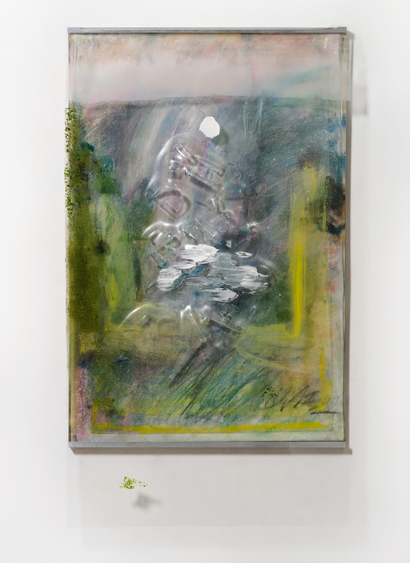 *Waterfall Piece V*, 2025; chalk on paper, paint, marker and flocking on plastic and slumped glass; 43x24.5x3 inches. Photography by Brica Wilcox. Glasswork with help from Second Best Studio, LA. Framing thanks to Paradise Framing, LA.