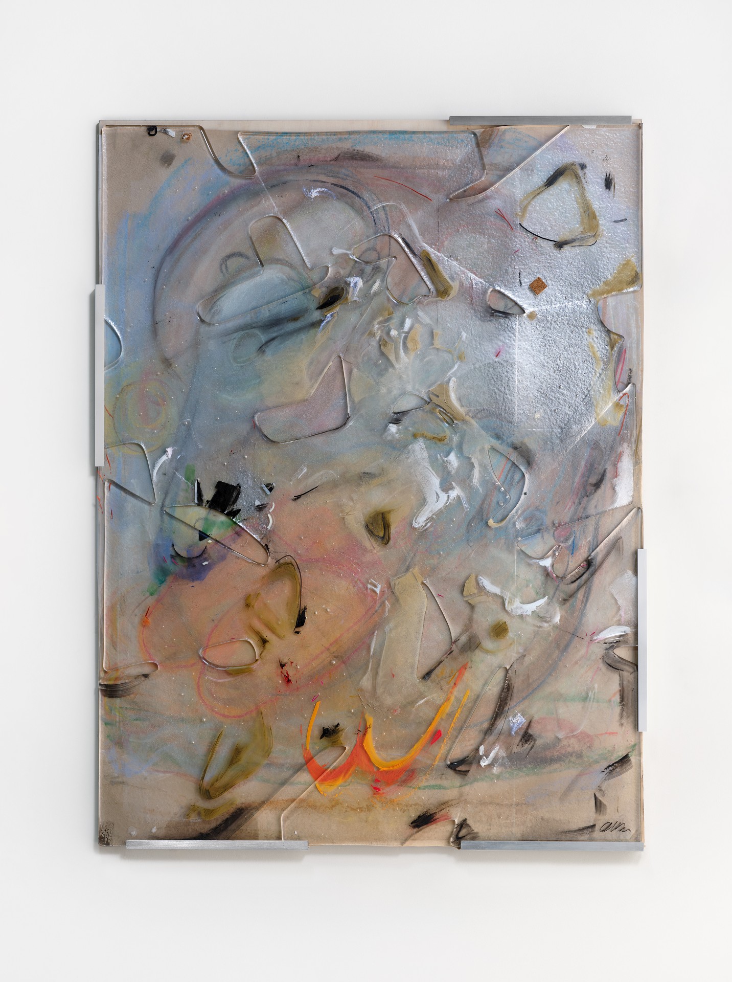 *Porous Screen (Big)*, 2025; chalk on paper, paint and mirror on plastic, broken fused window glass; 40.5x30.5x1 inches. Photography by Brica Wilcox. Glass with help from Second Best Studio, LA. Framing thanks to Paradise Framing, LA.