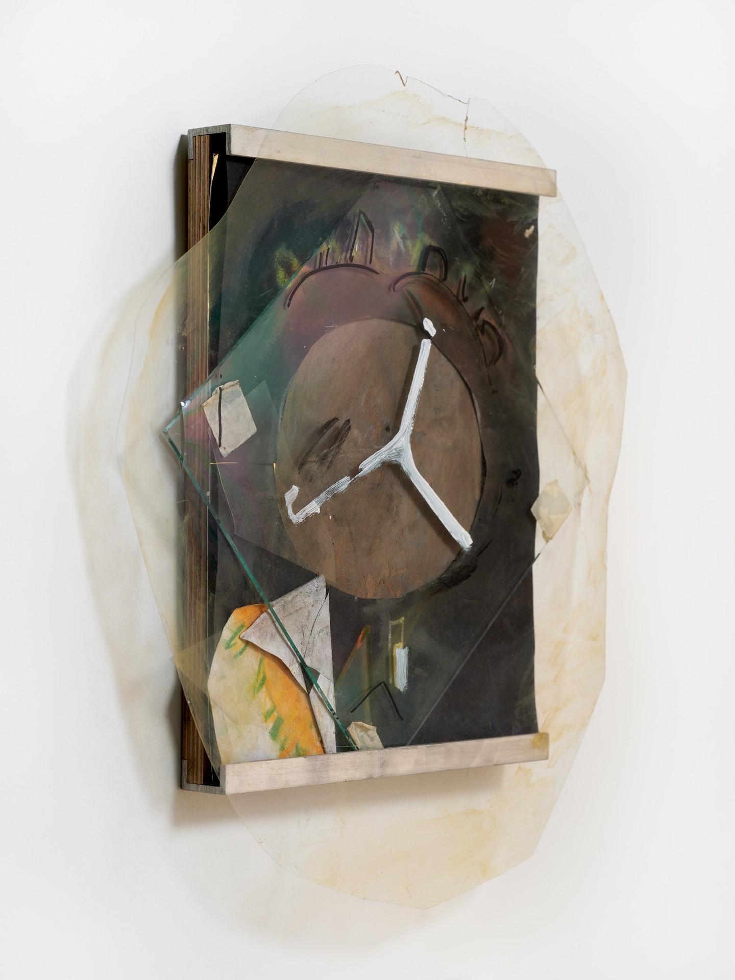 *Poor Nimrud I (For Nimud Lens)*, 2024; chalk and charcoal and marker and paint on wood, paper, burnt mirror, glass and plastic,metal ;14x13x1 inches. 

Photography by Brica Wilcox. Framing thanks to Paradise Framing, LA.