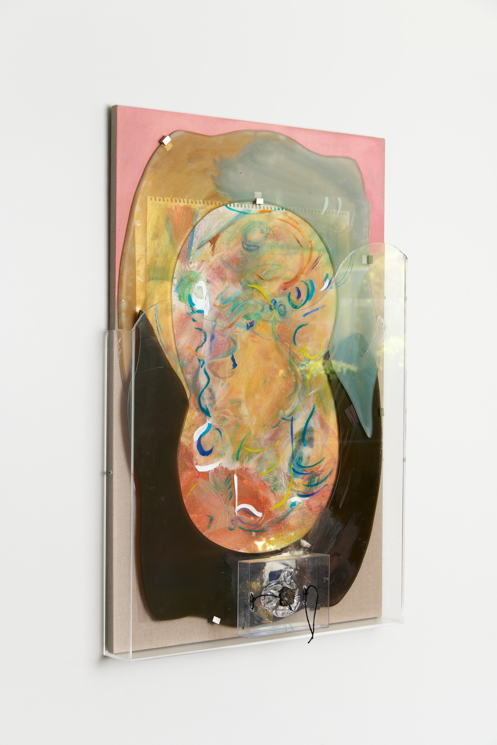 BRossi Piece, 2021-2022; Chalk on paper, paint on plastic and melted/cut glass and mirror, assemblage, plexiglass frames, wood frame (by Paradise Framing, LA) with painted linen; 36x24x5 inches. Photography by Brica Wilcox.