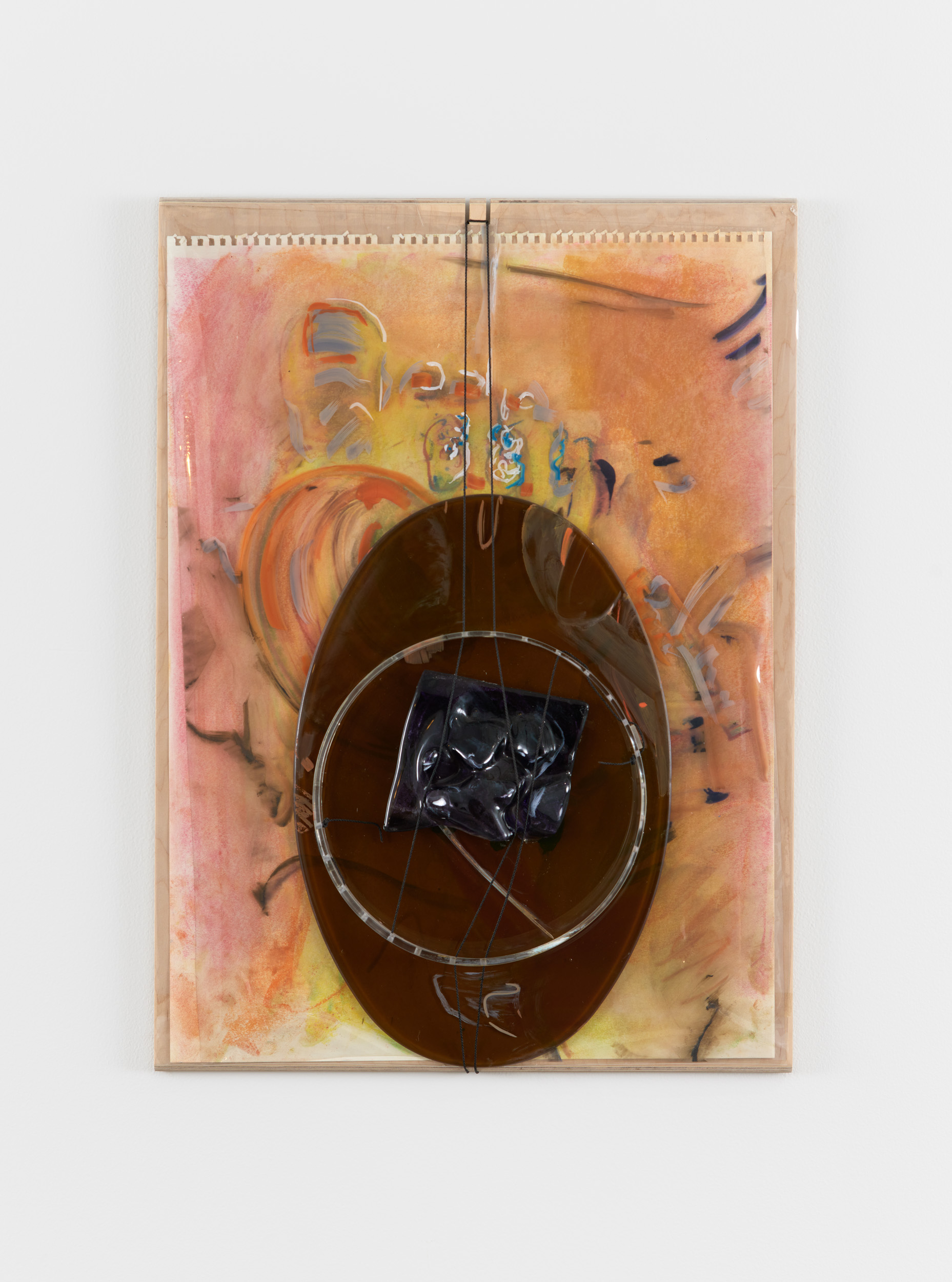 Toe Piece, 2021-2022; Chalk on paper, paint on plastics and melted cut mirror, glass assemblage, homemade fiber-optic, cords, wood frame (by Paradise Framing, LA); 26x19x3½ inches. Photography by Brica Wilcox.