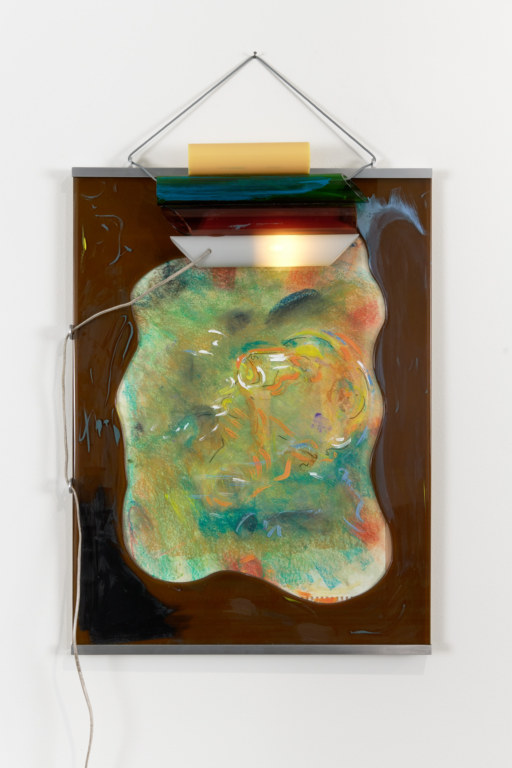 Dying over Facetime, 2021-2022; Chalk on paper, paint on plastic, paint and oil on cut and melted mirror, oil paint on light fixture with borosilicate tubes, wood and metal frame (by Paradise Framing, LA); 38x24x4 inches. Photography by Brica Wilcox