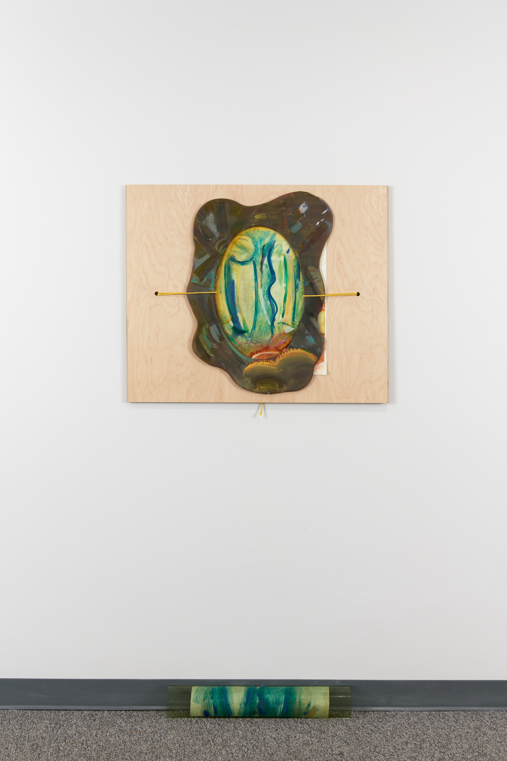 Leg Piece, 2021-2022; Chalk on paper, paint on plastic and melted cut mirror, cord, wood frame (by Paradise Framing, LA), slumped glass (Second Best Studio, LA). Leg Piece Baseboard, 2021; oil paint on slumped glass (Second Best Studio, LA), chalk on paper; 36x24x3½ inches