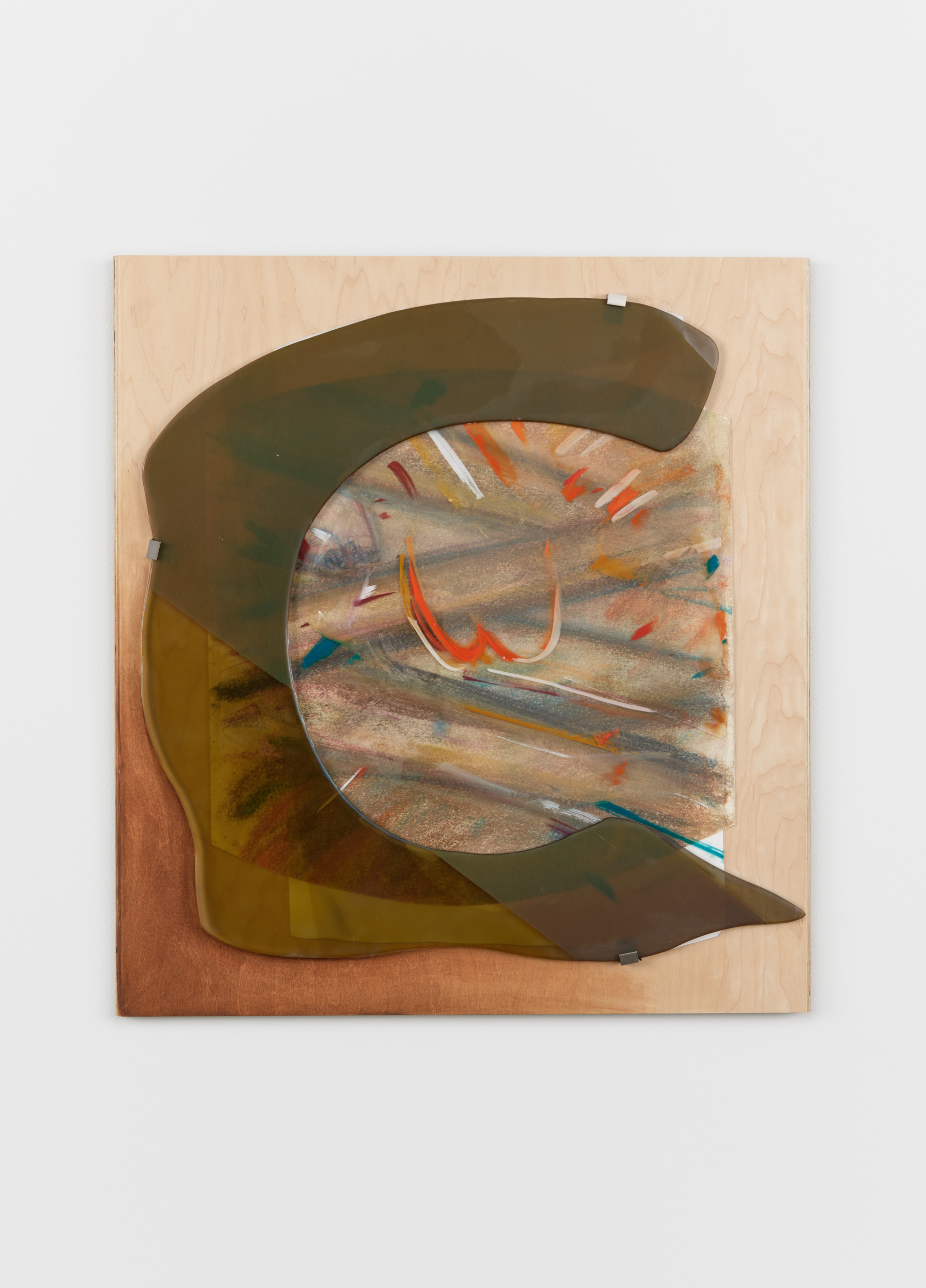 Thai Hotel, 2021-2022; Chalk on paper, paint on plastic, melted, cut and etched mirror (thanks to Second Best Studio, LA), and wood frame (by Paradise Framing, LA); 26x24x1 inches. Photography by Brica Wilcox