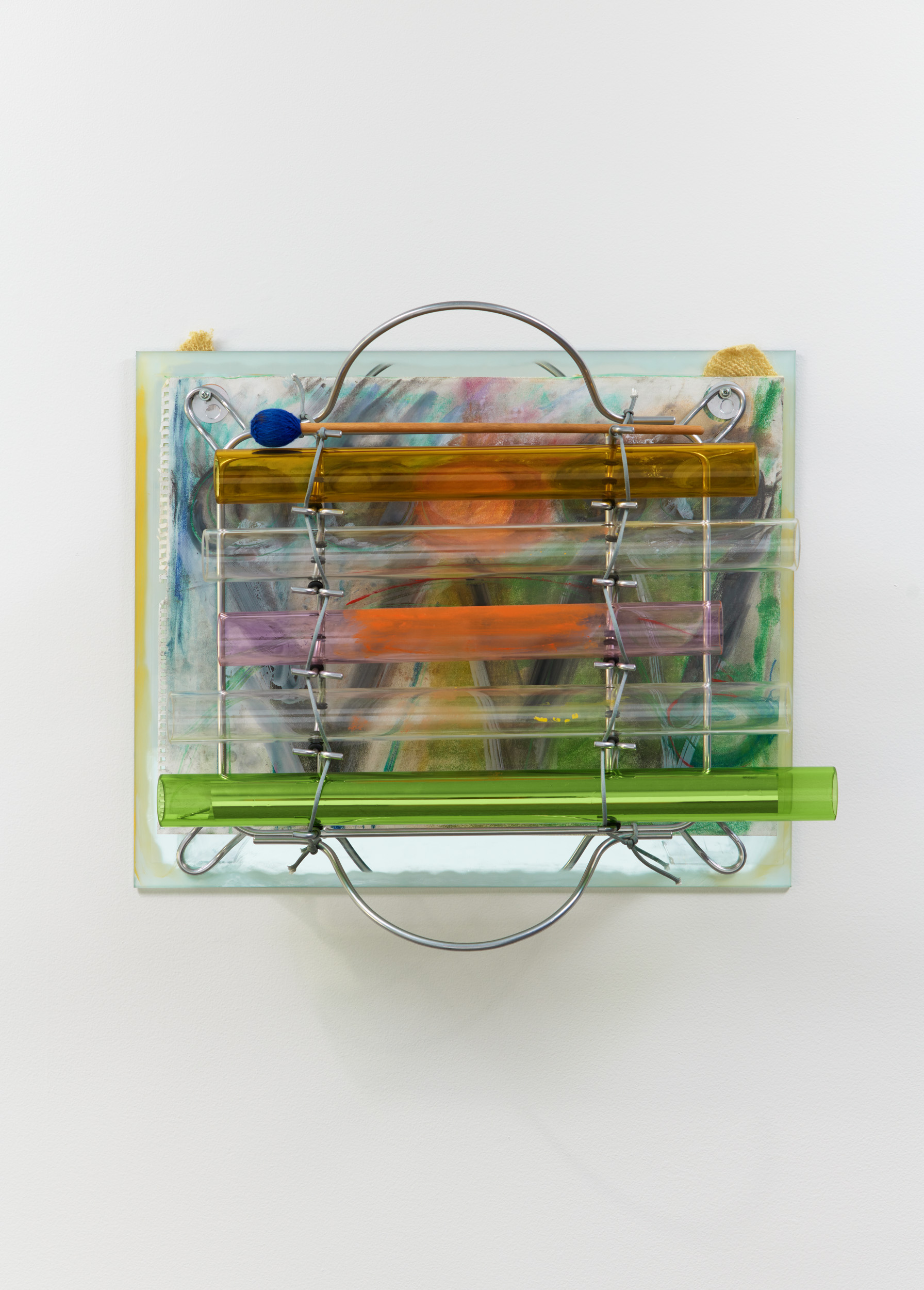 VW Piece, 2021-2022; Chalk on paper, paint on mirror, plastic and borosilicate tubes, cord, mallet, metal armature (fabricated by Charles Mathis); 21x26x7 inches. Photography by Brica Wilcox