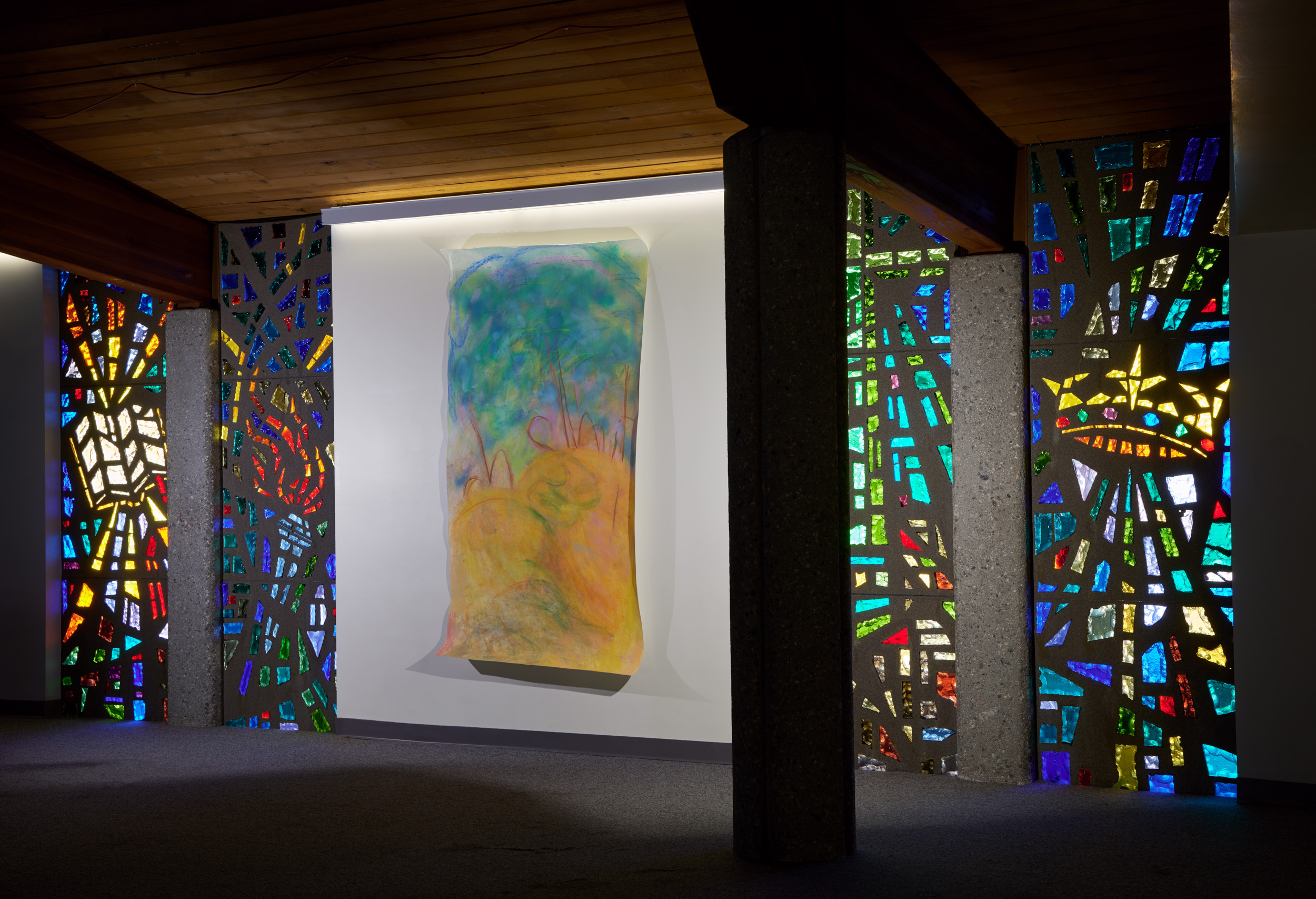 Still Learning! 2022; Chalk on paper; 90x48 inches.Installed at Irenic projects. Photography by Brica Wilcox