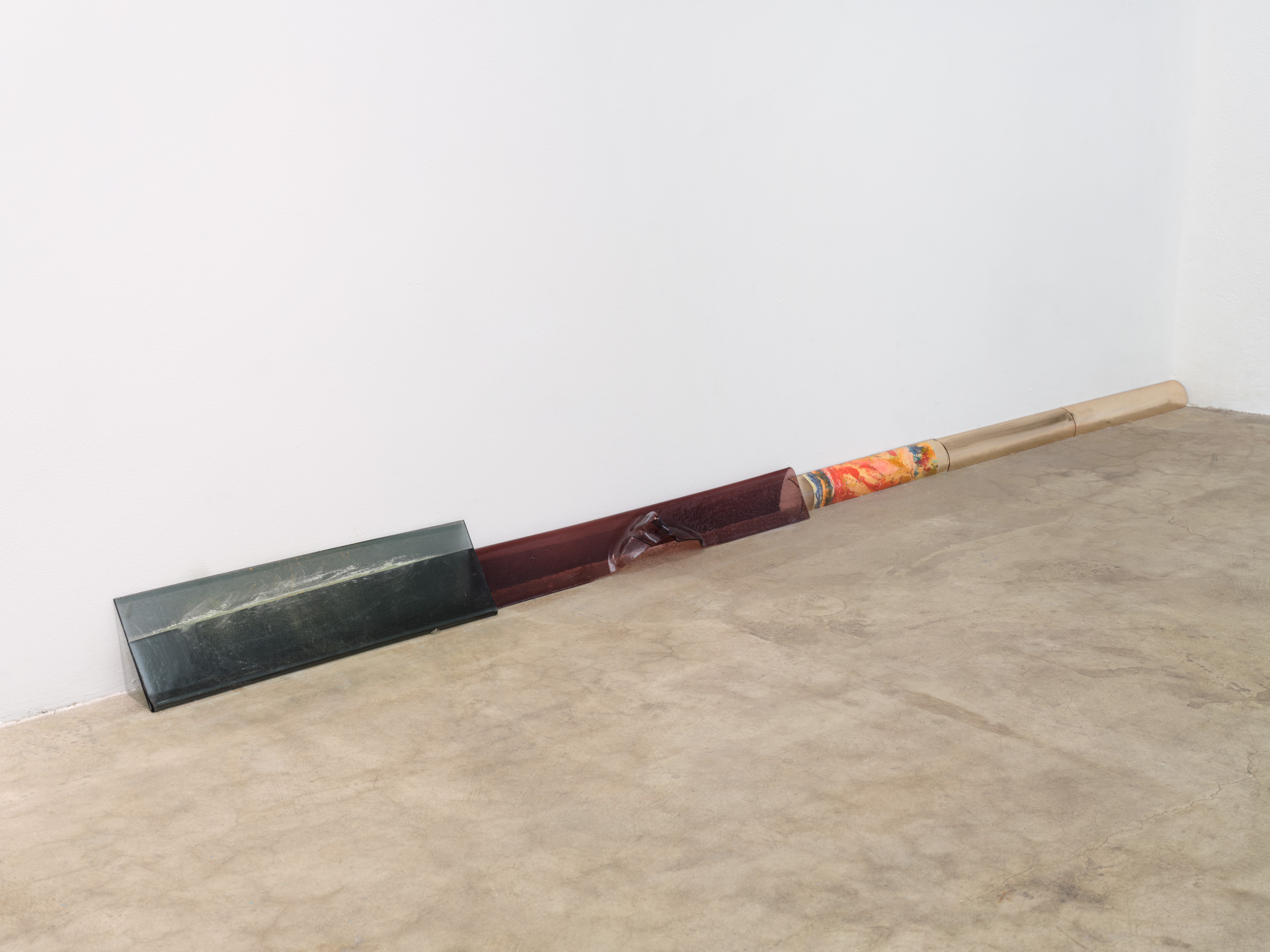 Chalk, Bulge and Breath Baseboards, 2024; slumped g
lass with digital drawing,paper and paint;approximately 5x4x100 inches

