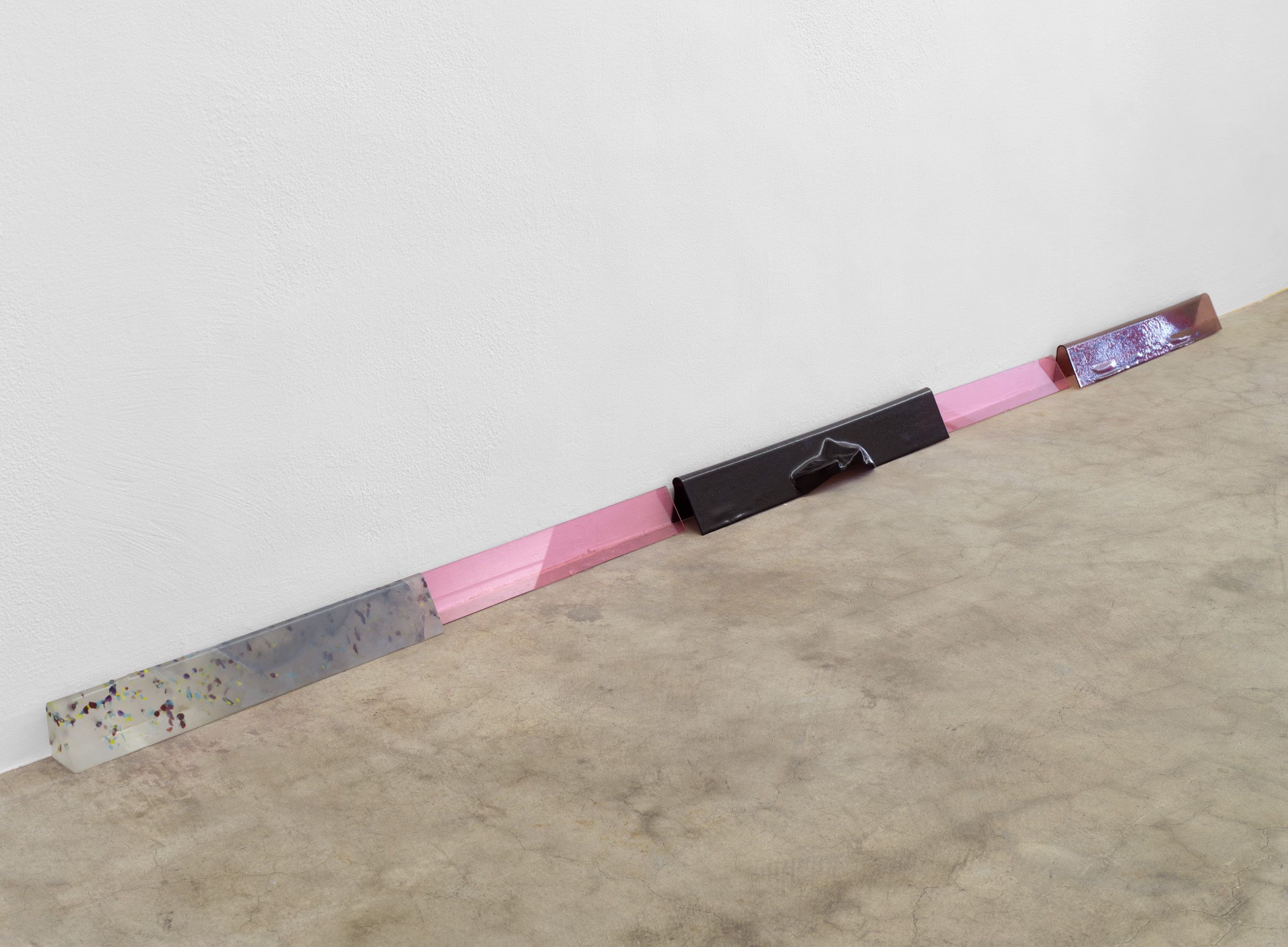 Purple Pink series and Splatter Baseboard, 2024; slumped glass and plexiglass
; approximately 4x3x100 inches
; plexiglass, slumped flashglass,cast glass, pigment, paint. Glass fabrication with 2nd Best Studios, LA.
