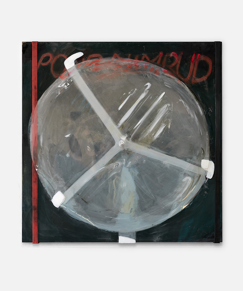 *Poor Nimrud II*, 2025; wood, chalk, paint, nonreflective acrylic frame, plastic, metal, rubber brand; 30 x 30 x 4".  Thanks to paradise Framing.Photography by Brica Wilcox. 