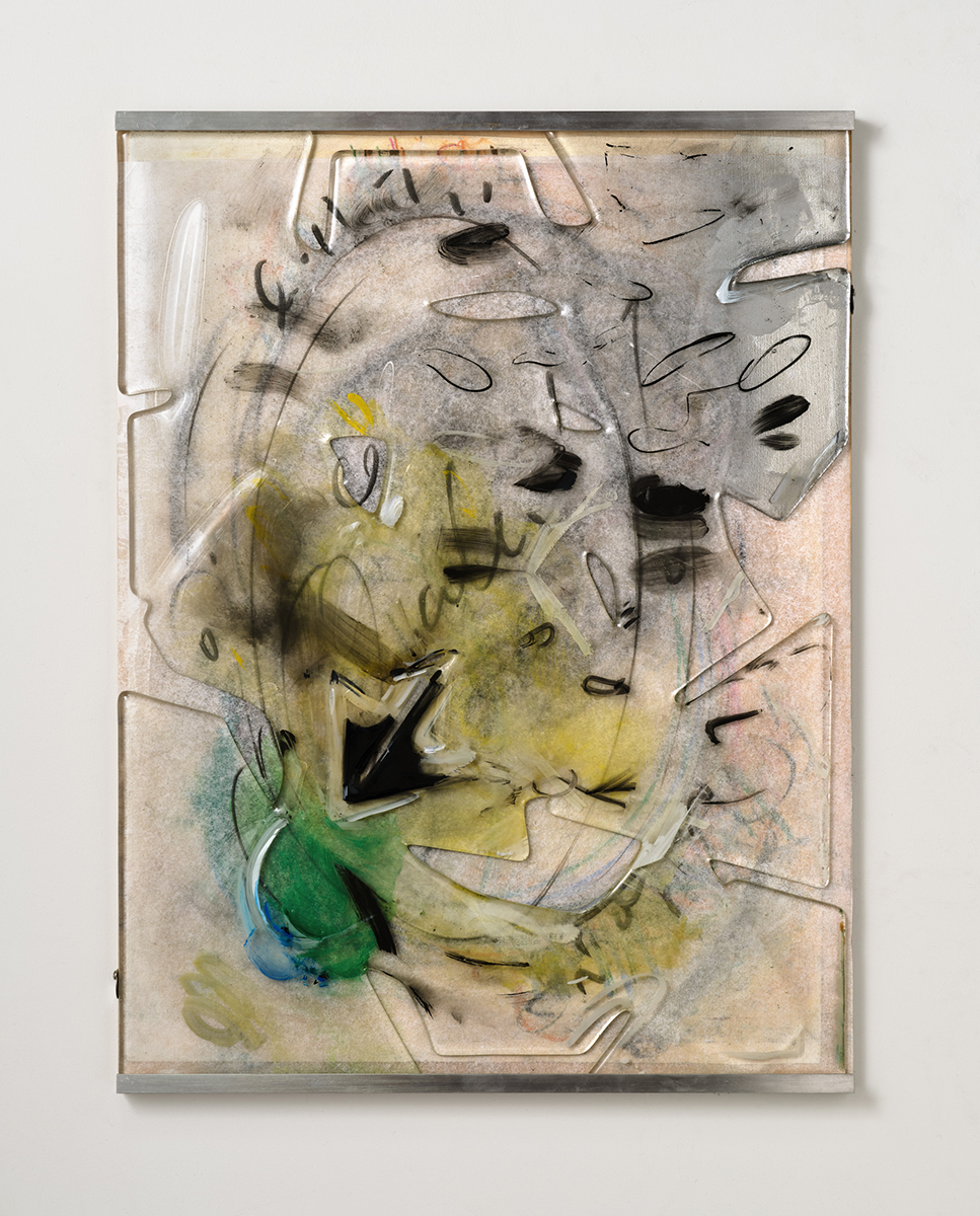 *Porous Screen I*, 2024; wood, paper, chalk, plastic, paint, fused, broken glass, mirror, metal; 25×19×3/4 inches Thanks to Second Best Studio in Paradise Framing, Los Angeles. Photography by Brica Wilcox.﻿