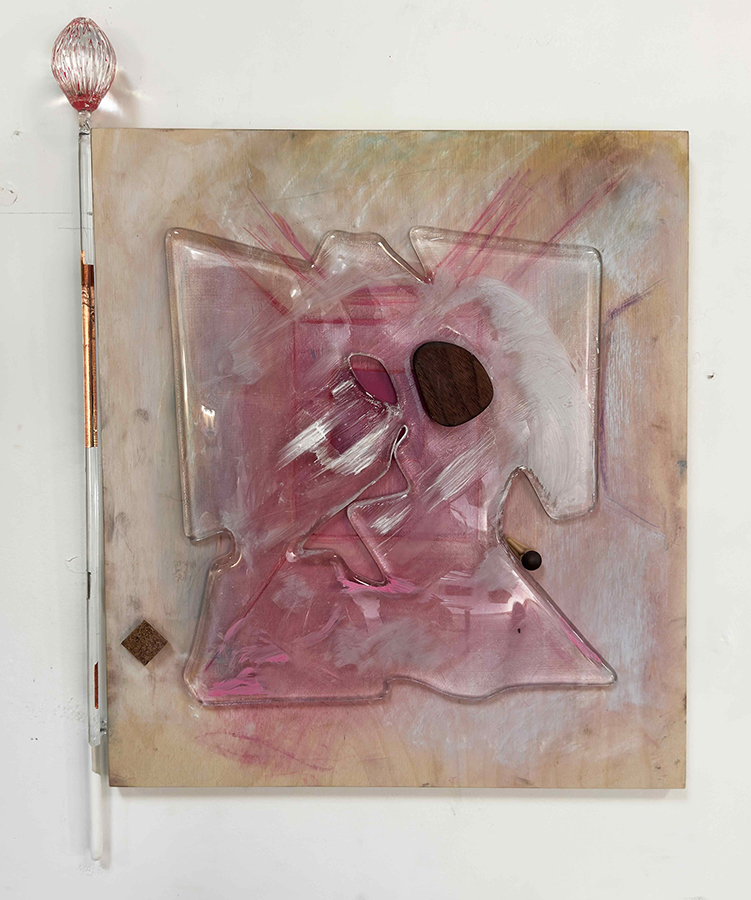 *Robert Ryman Floaties Piece*, 2026; borosilicate,broken screen and sheet glass and wood with paint, ink, chalk, pencil, metal, cork and plastic; 16x12x1.5 inches
