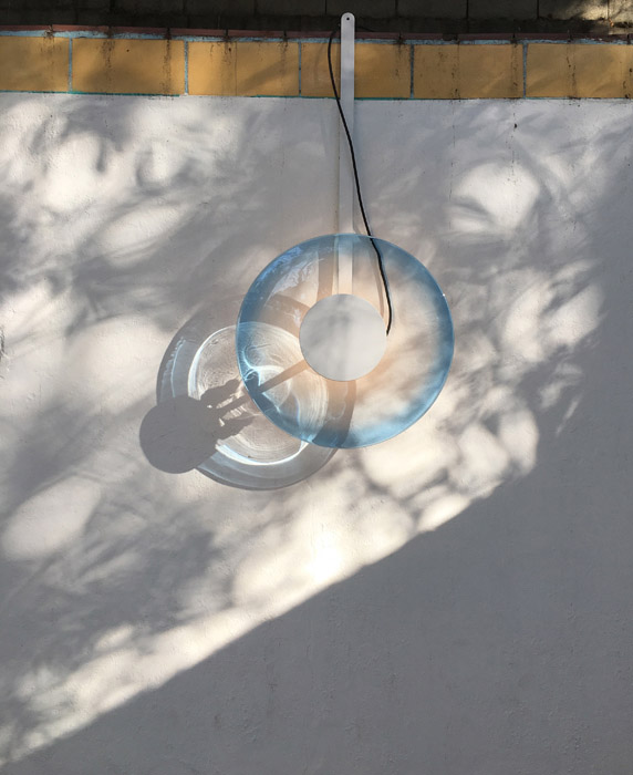The Diver, 2018, light fixture, TARP, Altadena, CA.Rondel by Max Grossman, KT Glassworks. Metalwork by Charles Mathis