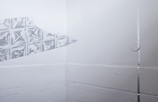 Terragni Pieces, installation detail of painted glass blocks and electrical tape
