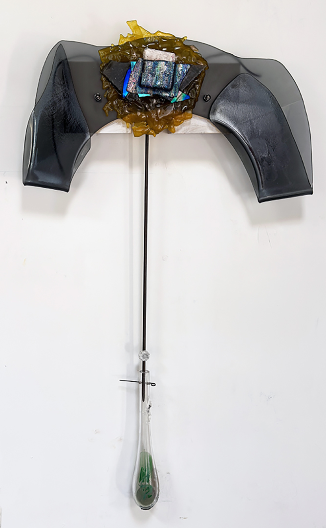 *Wasted Money Piece*, 2026; B. Rossi Piece, chalk, wood, metal, mixed media including money, sand and glass molded with wet money; 36x24x4 inches