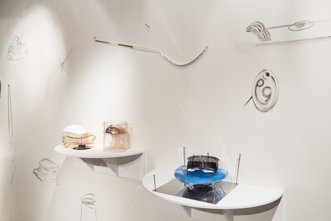 Space Junk Drawings and Hand Pavilion for Marisa Merz and others, 2019, glass and mixed media, approximately 16", from "Drawing Out Time", UrbanGlass, Brooklyn, NY (curated by Alexis Wilkinson). Photography by Blaine Davis Studio.