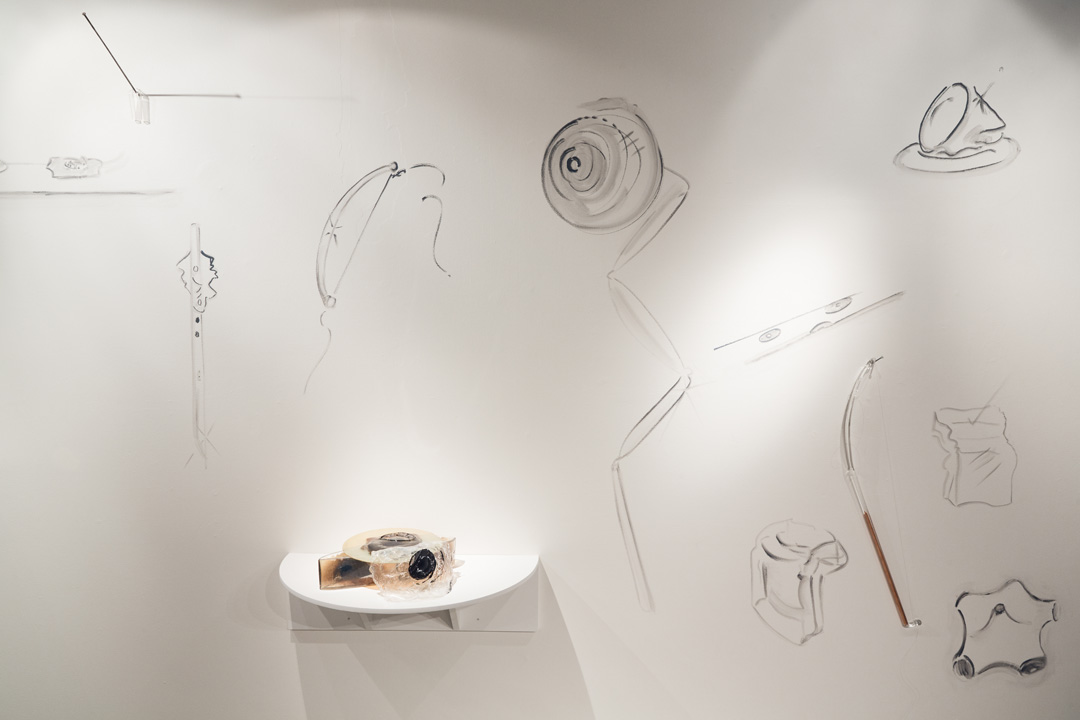 Space Junk Drawings and Hand Pavilion for Hundertwasser, 2019, glass and mixed media, approx. 14", from "Drawing Out Time", UrbanGlass, Brooklyn, NY (curated by Alexis Wilkinson). Photography by Blaine Davis Studio