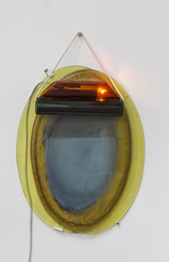 Jawlensky Piece VII, 2018, fire polished and slumped mirror, borosilicate tubes, string, clips, electrical fixture, 24"x16"