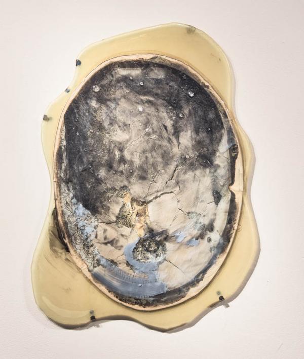 Negative Mirror Piece III, 2019, approx. 26"x20", fused mirrors, acrylic, gouache and varnish, "Drawing Out Time", UrbanGlass, Brooklyn, NY(curated by Alexis Wilkinson). Photography by Blaine Davis Studio.