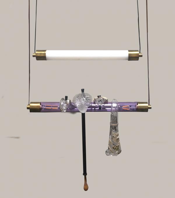 Political Rag Piece (lamp), 2019,borosilicate, glass blown using newspapers from across the political spectrums as hot shop "rags", newspaper, paint, metal, 48"x24"x3" (metal work by Charles Mathis, cold work by Ethan Stern)