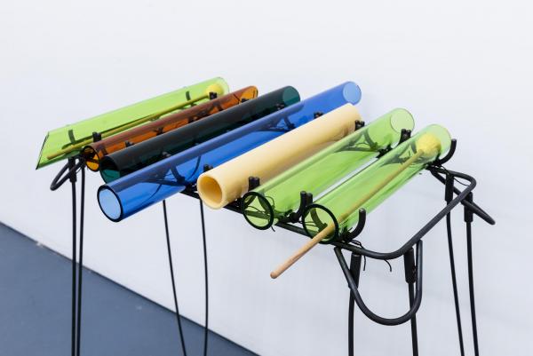 Glass Vibraphone II, 2019, glass, metal, mallets, 34"x24"x20" (metalwork by Charles Mathis, coldwork by Ethan Stern) installed in "Int'l Boutique for Middle Aged Ladies" at Goldfinch Gallery, Chicago, Il ( curated by Mari Eastman). Photography by Ryan Edmund for Goldfinch.