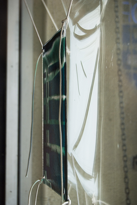 detail, glass and gouache, 14"x9", on of many steps to opening and closing