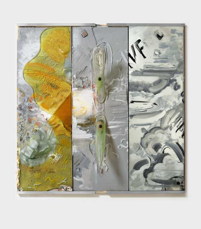 *IVF Piece,* 2025; wood, chalk, paint and marker on wood, paper, burnt slumped and fused mirror, glass and two-way mirror, borosilicate, nails and leather,metal; 30.5x30 x7 inches.

Photography by Brica Wilcox. Glass help thanks to Second Best Studio, LA. Framing thanks to Paradise Framing, LA.