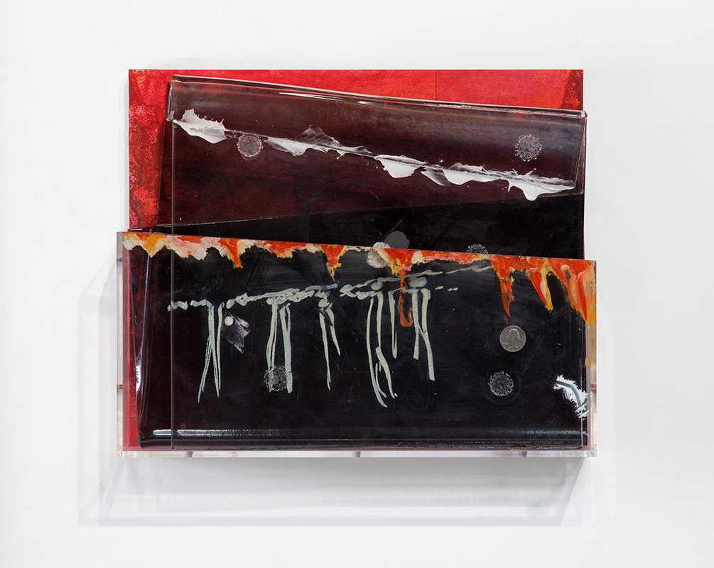 *Opaquely Bright (for Layli Long Soldier)*, 2025; wood, chalk, photo print, slumped glass (Kathy Gray), slumped two way mirror, paint, coins. Thanks to Paradise Framing, Los Angeles. Photography by Brica Wil﻿cox. 14 x 17 x 3".