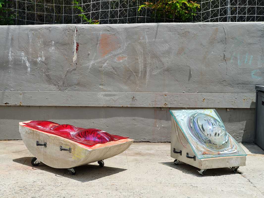 *﻿Ojala and Dignity and Living Wage Pieces*, 2025;concrete, chalk, glass and paint; 17x25x18 inches. Photography by Brica Wilcox