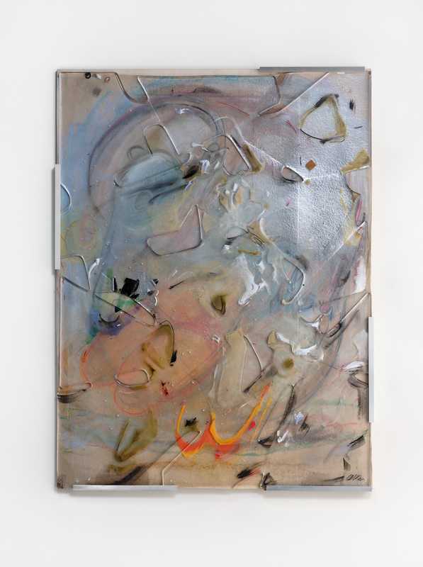*Porous Screen (Big)*, 2025; chalk on paper, paint and mirror on plastic, broken fused window glass; 40.5x30.5x1 inches. Photography by Brica Wilcox. Glass with help from Second Best Studio, LA. Framing thanks to Paradise Framing, LA.
