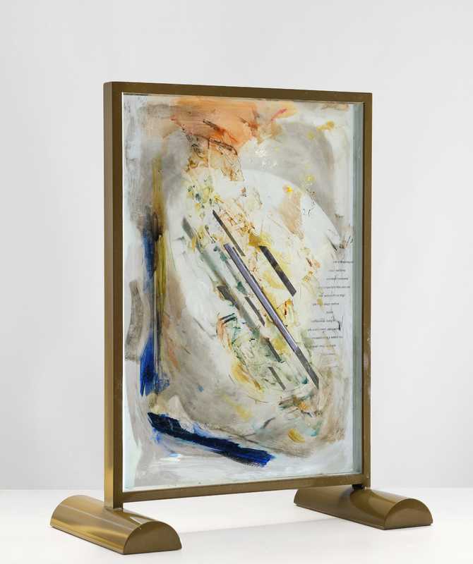 *"In America" Piece (For Susan Sontag),* 2025; lead and paint and printed text on glass, metal armature; 30x24x12 inches. 

Photography by Brica Wilcox. Framing thanks to Nick Rodrigues.