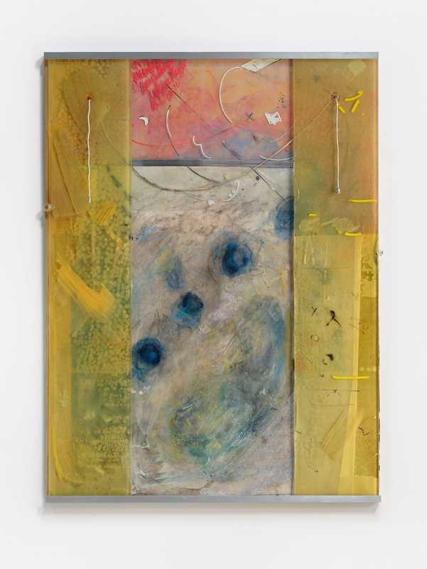 *Bathroom Mirror Piece*, 2024; chalk on paper, paint and marker on plastic, metal and burnt bathroom mirrors, string, wood and metal frame; 32.5x24x1 inches. Photography by Brica Wilcox. Framing thanks to Paradise Framing, LA.