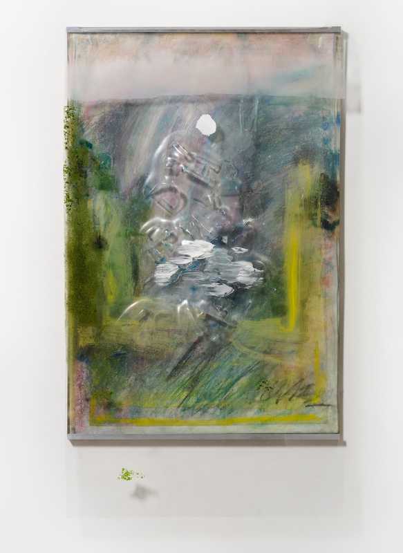 *Waterfall Piece V*, 2025; chalk on paper, paint, marker and flocking on plastic and slumped glass; 43x24.5x3 inches. Photography by Brica Wilcox. Glasswork with help from Second Best Studio, LA. Framing thanks to Paradise Framing, LA.