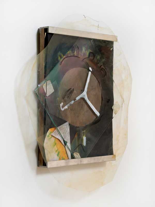 *Poor Nimrud I (For Nimud Lens)*, 2024; chalk and charcoal and marker and paint on wood, paper, burnt mirror, glass and plastic,metal ;14x13x1 inches. 

Photography by Brica Wilcox. Framing thanks to Paradise Framing, LA.