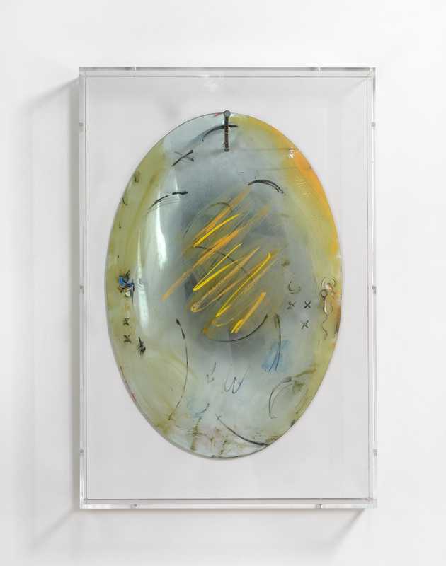 *Glint Piece IV ( for Jawlensky)*, 2025; paint, marker, mirror and wire on found glass, plastic frame, nail; 24.5x16.5x7 inches.
Photograph by Brica Wilcox. Framing thanks to Paradise Framing, LA.